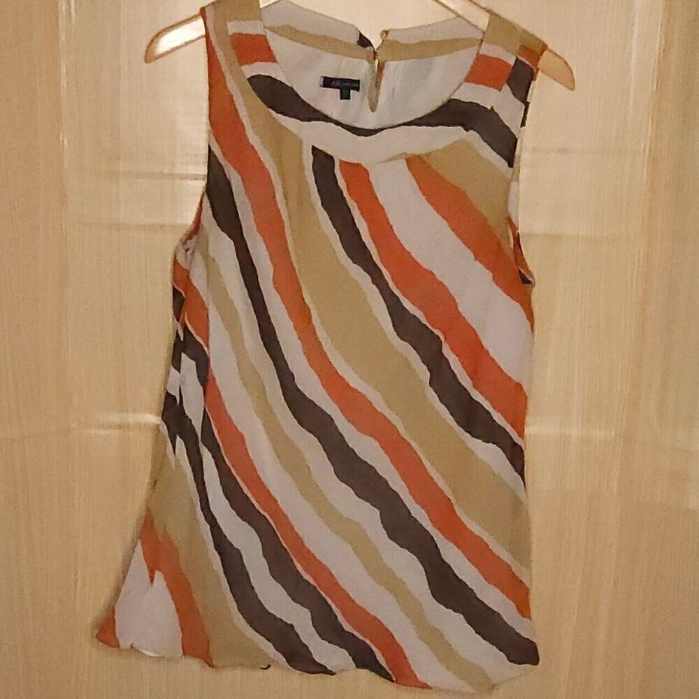 AK Anne Klein  Plus Tan Brown Silk Striped Sleeveless Blouse 16W